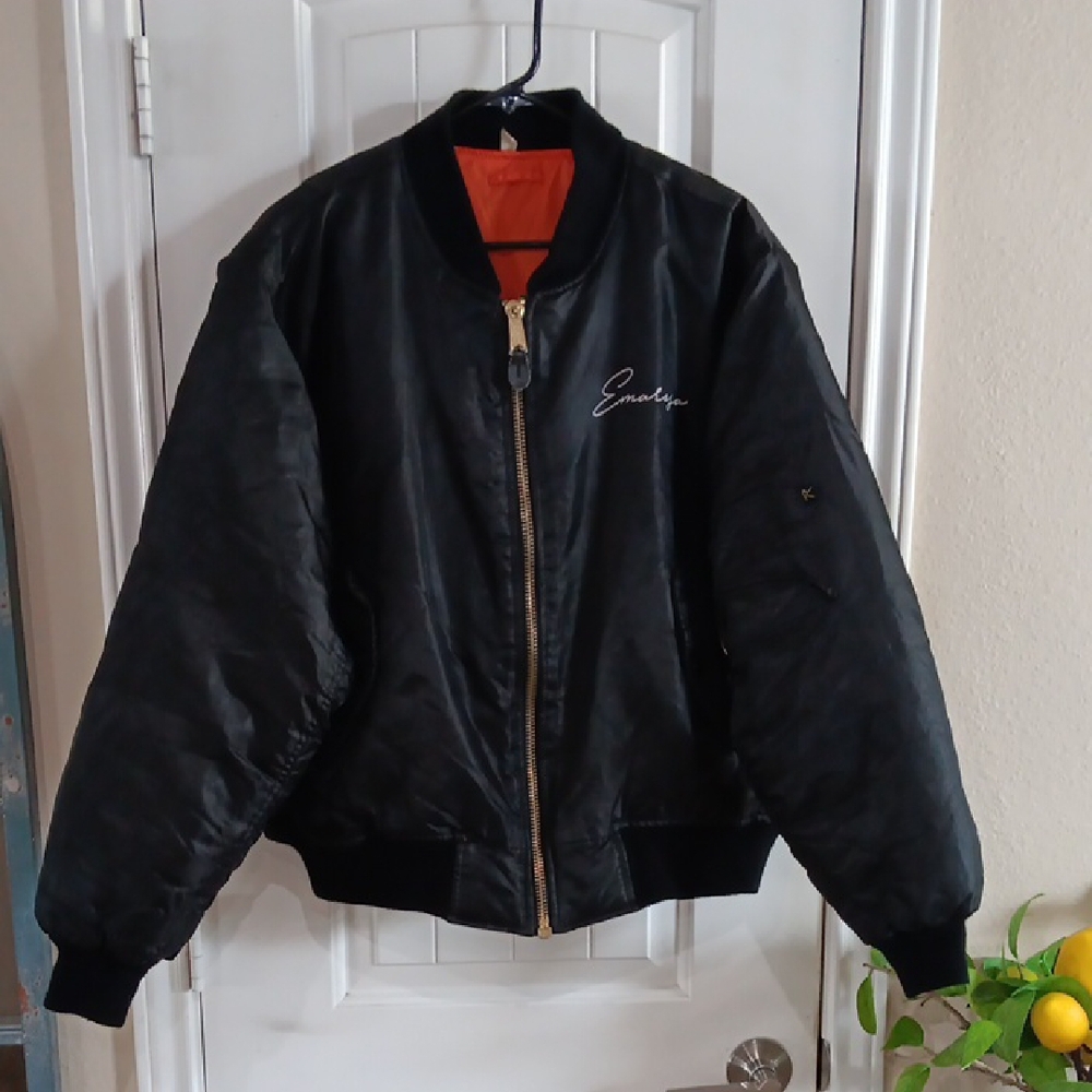 Rothco Blk Nylon Bomber Jacket w Pink Pin-up Emaroza Graphic Back